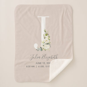 Blush Pink Floral Letter J Baby Script Geburtsstun Sherpadecke
