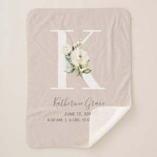 Blush Pink Floral Letter K Baby Script Geburtsstun Sherpadecke