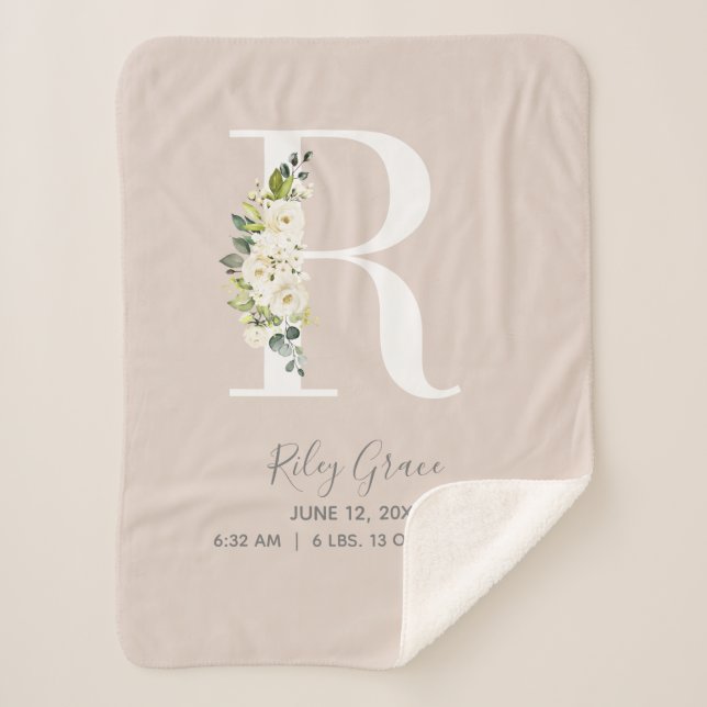 Blush Pink Floral Letter R Baby Script Geburtsstun Sherpadecke (Vorderseite)