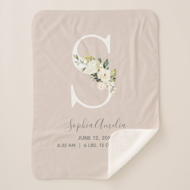 Blush Pink Floral Letter S Baby Script Geburtsstun Sherpadecke (Vorderseite)