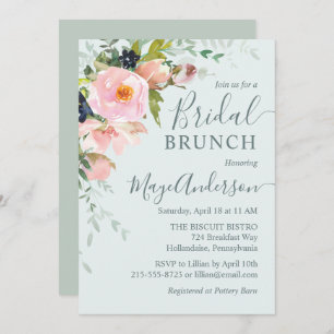 Blush Pink Floral Light Blue Bridal Brunch Einladung