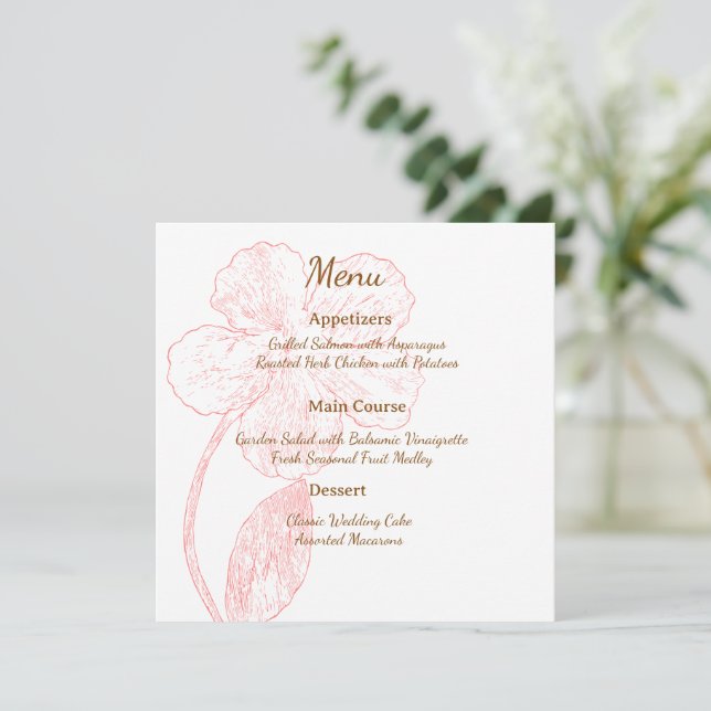 Blush Pink Floral Line Art Wedding Menu Card Menükarte (Stehend Vorderseite)