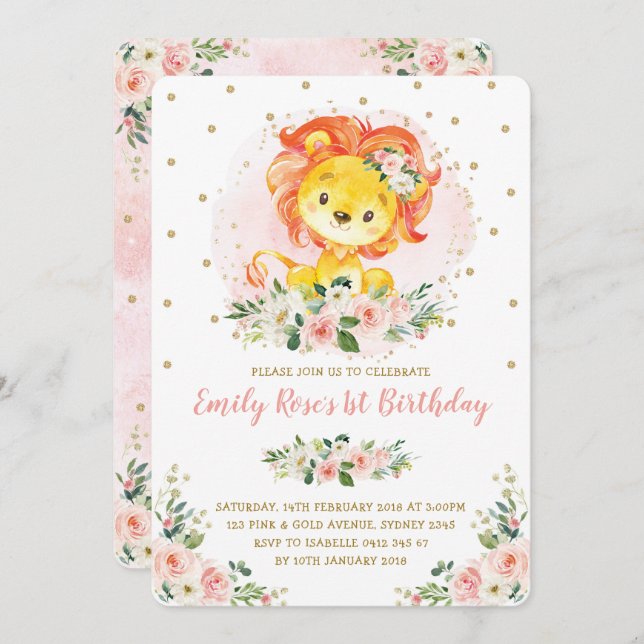 Blush Pink Floral Lion 1. Geburtstag Girly Wilde O Einladung (Vorne/Hinten)