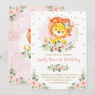 Blush Pink Floral Lion 1. Geburtstag Girly Wilde O Einladung