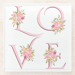 Blush pink floral Love typography Valentines Day Glasuntersetzer