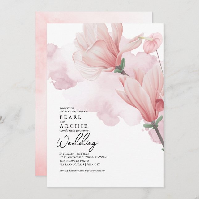 Blush Pink Floral Magnolia Wasserfarbenprägung Einladung (Vorne/Hinten)