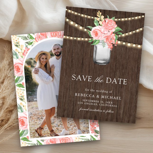 Blush Pink Floral Mason Jar Foto Hochzeit Save The Date (Von Creator hochgeladen)