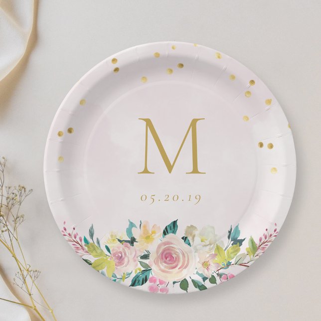 Blush Pink Floral Monogram Brautparty Pappteller (Von Creator hochgeladen)