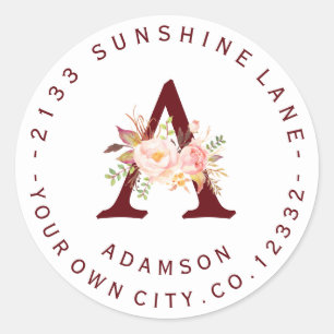 Blush Pink Floral Monogramm Circle Address Label Runder Aufkleber