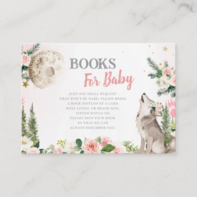 Blush Pink Floral Moon Forest Wolf Books for Baby Begleitkarte (Vorderseite)