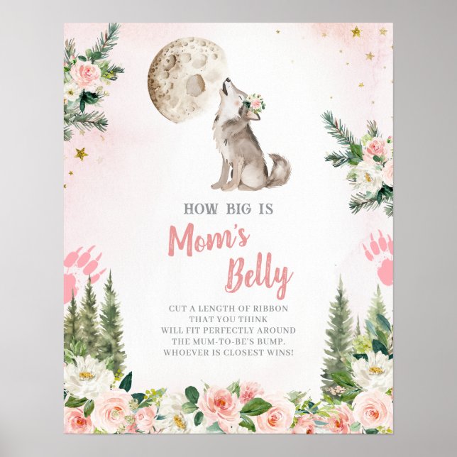 Blush Pink Floral Moon Forest Wolf Mom's Belly Poster (Vorne)