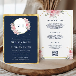 Blush Pink floral Navy Blau All in One Wedding Einladung