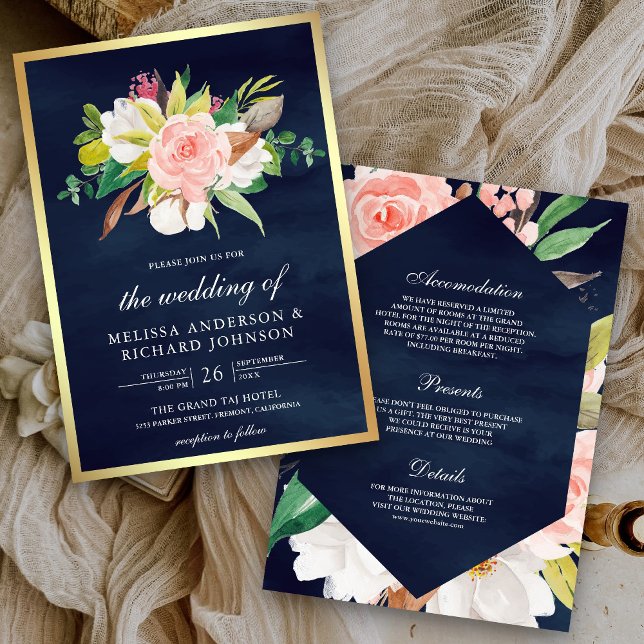 Blush Pink floral Navy Blau All in One Wedding Einladung (Von Creator hochgeladen)