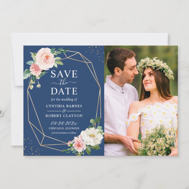Blush Pink Floral Navy Blau Modernes geometrisches Save The Date (Vorderseite)