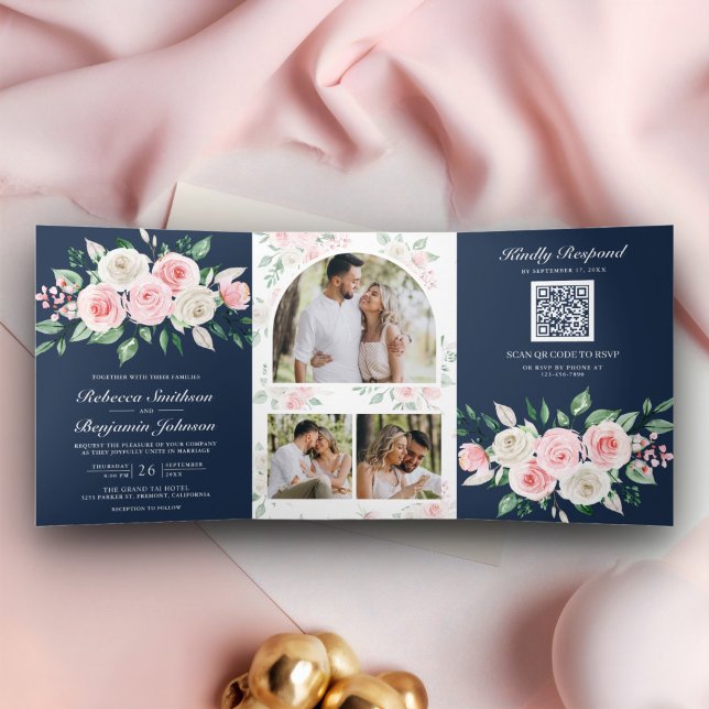 Blush Pink Floral Navy Blue QR Code Hochzeit Dreifach Gefaltete Einladung (Von Creator hochgeladen)
