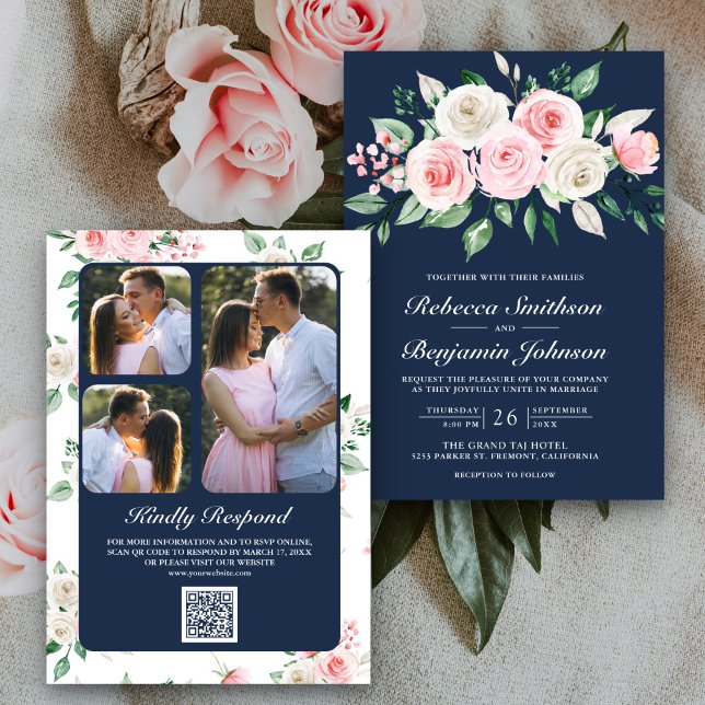 Blush Pink Floral Navy Blue QR Code Hochzeit Einladung (Von Creator hochgeladen)