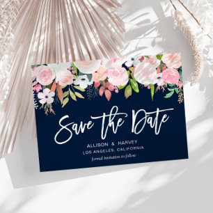 blush pink floral navy blue save the date postcard postkarte