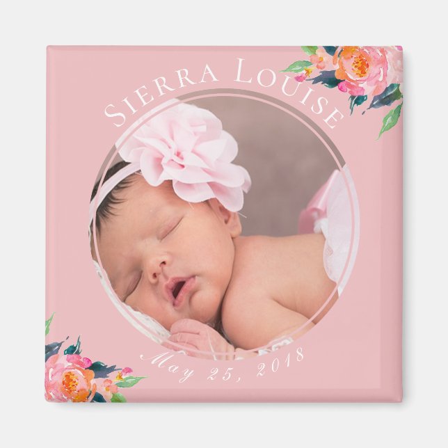 Blush Pink Floral New Baby Girl Foto Magnet (Vorne)