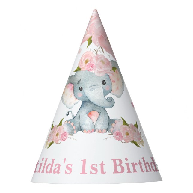 Blush Pink Floral Niedlich Baby Elephant 1. Geburt Partyhütchen (Vorderseite)