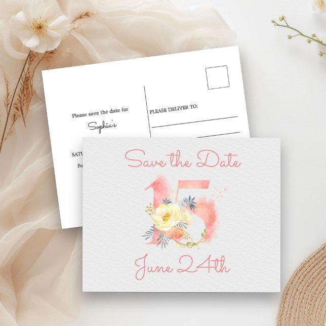 Blush Pink Floral Number 15 Save the Date Ankündigungspostkarte (Save the Date postcard from my Blush Pink Number 15 Quinceanera collection
)