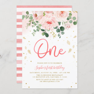 Blush Pink Floral One Baby Girl 1. Geburtstag Einladung