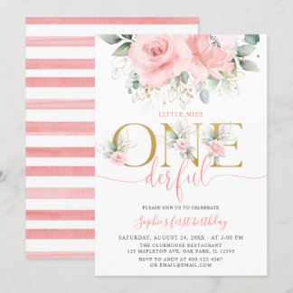 Blush Pink Floral Onederful Baby Girl 1. Geburtsta Einladung