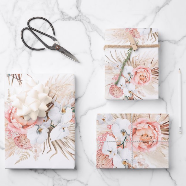 Blush Pink Floral Pampas Grass Muster Elegant Geschenkpapier Set (Vorderseite)