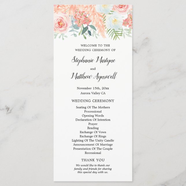 Blush Pink Floral Pampas Wedding Programm (Vorderseite)