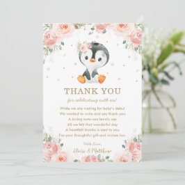 Blush Pink Floral Penguin Babydusche Geburtstag  Dankeskarte