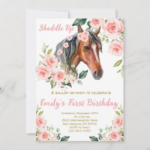 Blush Pink Floral & Pferd Erste Geburtstagsparty Einladung