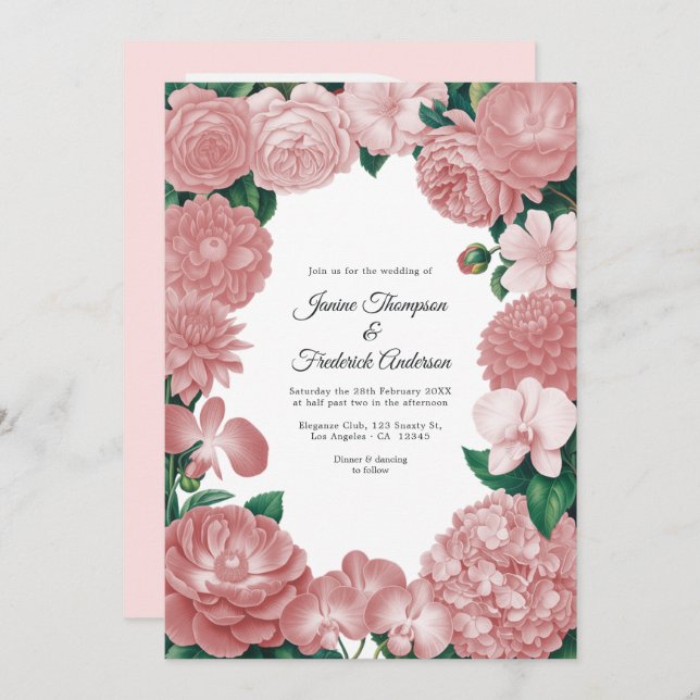 Blush Pink Floral Photo and QR Code Wedding Einladung (Vorne/Hinten)