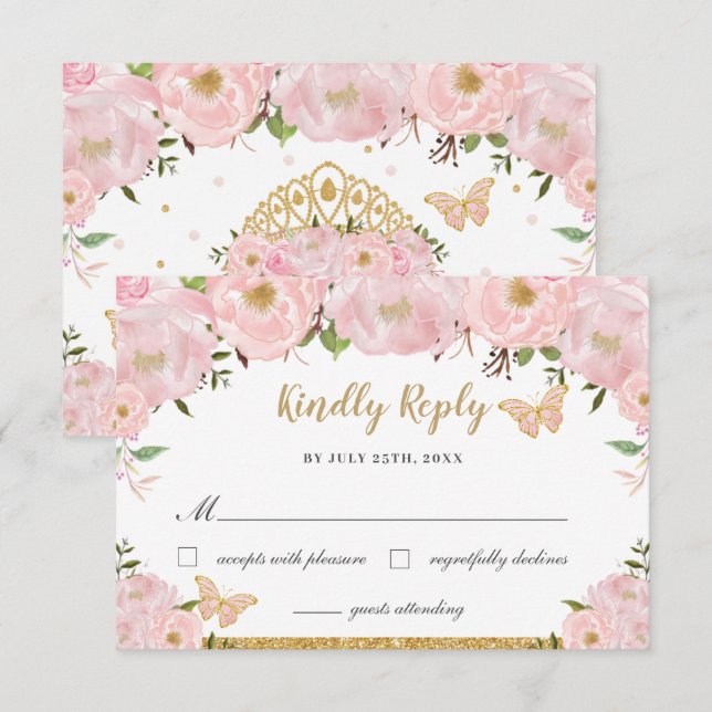 Blush Pink Floral Prinzessin Quinceañera Butterfli RSVP Karte (Vorne/Hinten)