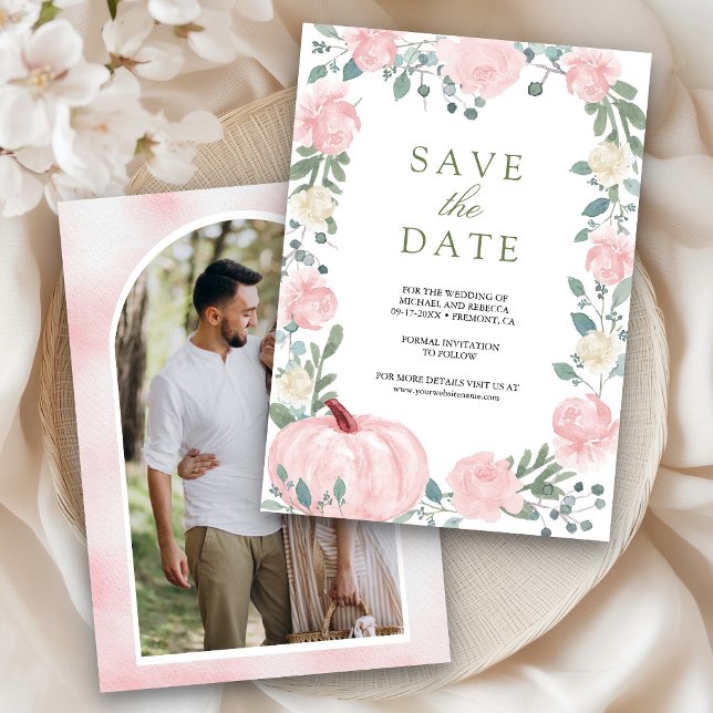 Blush Pink Floral Pumpkin Foto Hochzeit Save The Date (Von Creator hochgeladen)