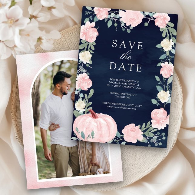 Blush Pink Floral Pumpkin Navy Blue Foto Hochzeit Save The Date (Von Creator hochgeladen)