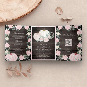 Blush Pink Floral Pumpkin QR Code Hochzeit Holz Dreifach Gefaltete Einladung