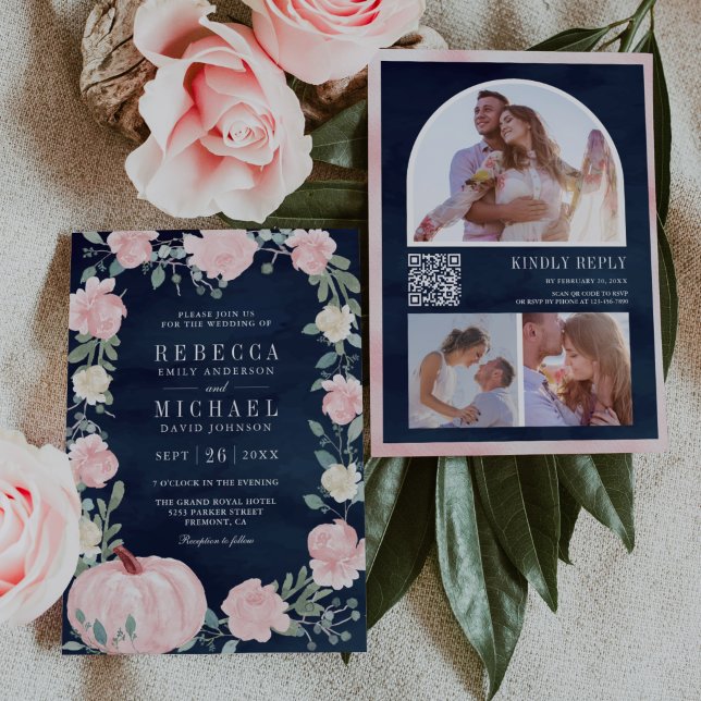 Blush Pink Floral Pumpkin QR Code Navy Hochzeit Einladung (Von Creator hochgeladen)