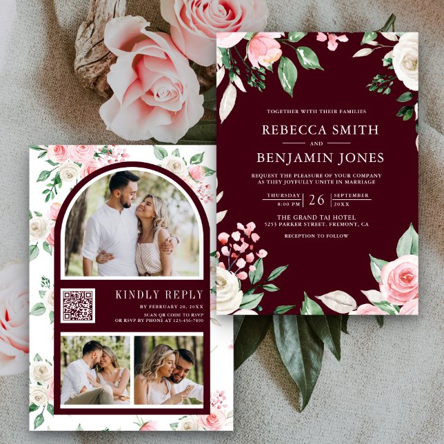 Blush Pink Floral QR Code Burgundy Wedding Einladung (Von Creator hochgeladen)