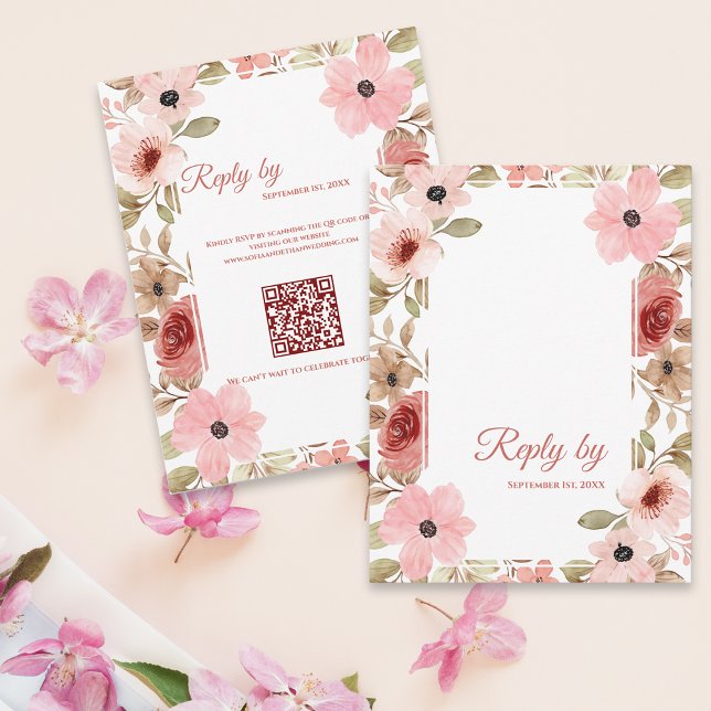 Blush Pink Floral QR Code Wedding Reply By RSVP Karte (Blush Pink Floral QR Code Wedding Reply By RSVP Card)