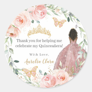 Blush Pink Floral Quinceañera Birthday Brown Girl Runder Aufkleber
