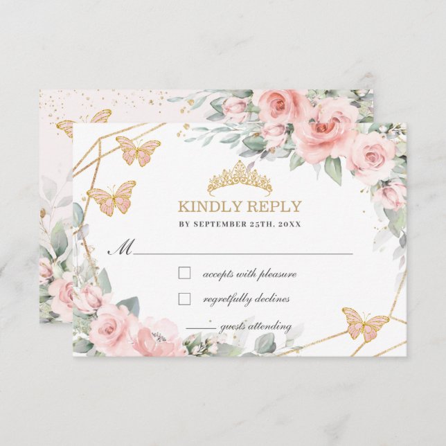 Blush Pink Floral Quinceañera Butterflies Antwort (Vorne/Hinten)