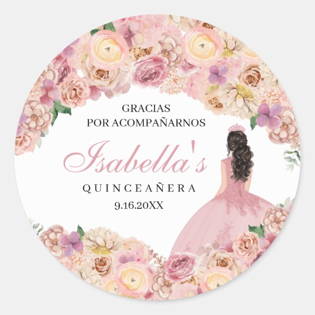 Blush Pink Floral Quinceanera Classic Round Sticke Runder Aufkleber (Vorderseite)