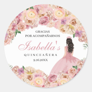 Blush Pink Floral Quinceanera Classic Round Sticke Runder Aufkleber