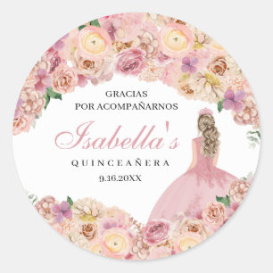 Blush Pink Floral Quinceanera Classic Round Sticke Runder Aufkleber