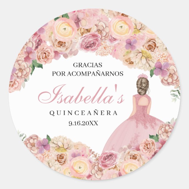Blush Pink Floral Quinceanera Classic Round Sticke Runder Aufkleber (Vorderseite)