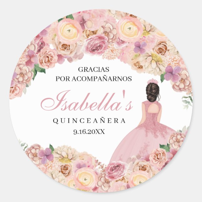 Blush Pink Floral Quinceanera Classic Round Sticke Runder Aufkleber (Vorderseite)