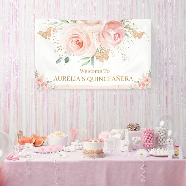 Blush Pink Floral Quinceañera Sweet 16 Hintergrund Banner (Party)