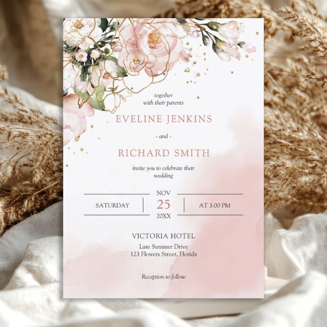 Blush Pink Floral Rose Boho Hochzeit Einladung (watercolor blush pink roses eucalyptus and gold wedding invitation)