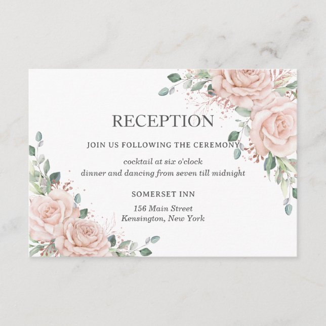 Blush Pink Floral Rose Gold Wedding Reception Begleitkarte (Vorderseite)
