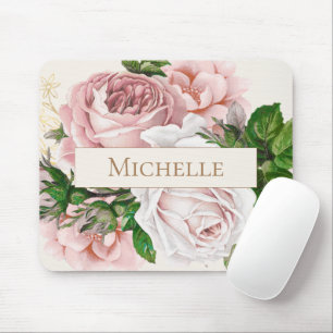Blush Pink Floral Rose Name Mousepad