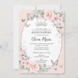 Blush Pink Floral Rose Schmetterlinge Quinceañera Einladung